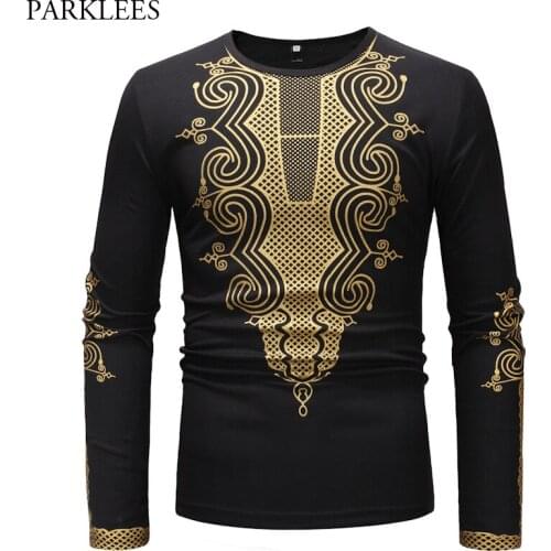 Mens Black African Dashiki T-shirt 2018 Fashion Slim Fit Long Sleeve T Shirt Men Hip Hop Tops Tees African Clothes for Men XXL