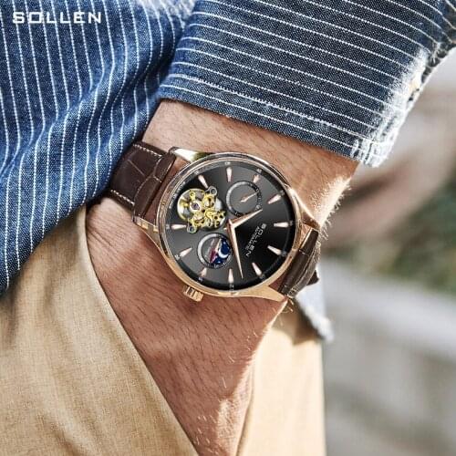 SOLLEN Men Automatic Mechanical Waterproof Moon Phase Genuine Leather Strap Top Brand Luxury Multiple time zones Watches SL-306