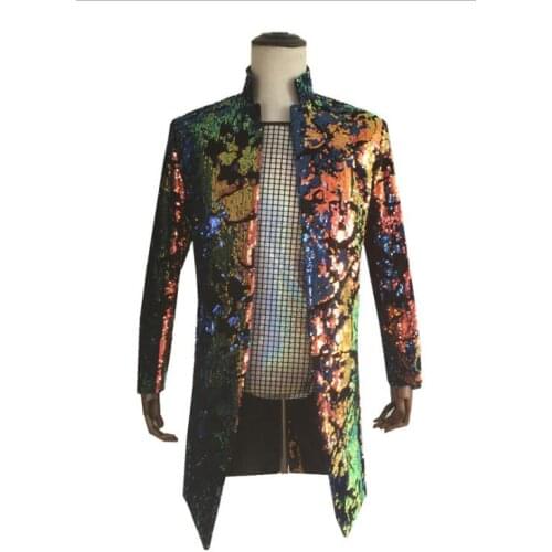Mens colorful printed flip-chip sequins long suit 2020 new nightclub male singer hosted stage costumes