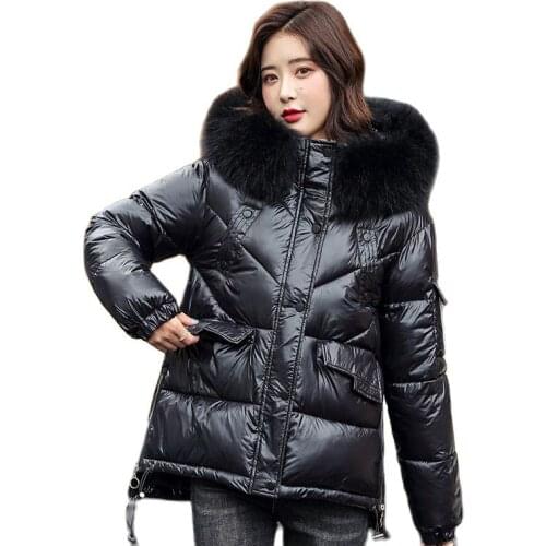 New Female Winter Clothes Bread Clothes Cotton Fashion Winter 2021 Womens Coats Short Parkas Big Fur Collar Shiny Thick Coat