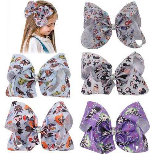 Oaoleer 7 Inch Halloween Ribbon Hair Bows Clips Bowknot Cartoon Hairpins Barrettes for Baby Girls Rhinestones Hair Accessories