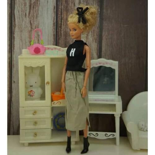 1/6 BJD Doll Clothes for Barbie Clothes Outfits Black Shirt High-neck Tank Top Khaki Skirt Costume 11.5" Dollhouse Accessories