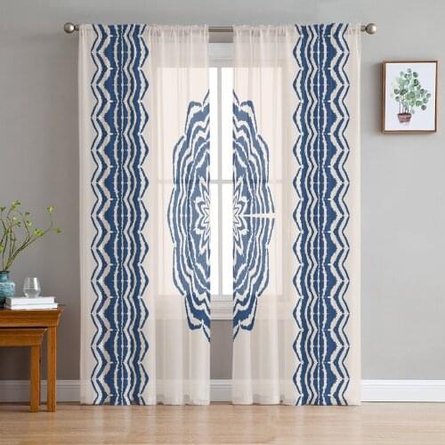 Blue Pattern Texture Geometric Retro Sheer Curtain for Living Room Bedroom Kitchen Modern Tulle Window Treatment Home Decor