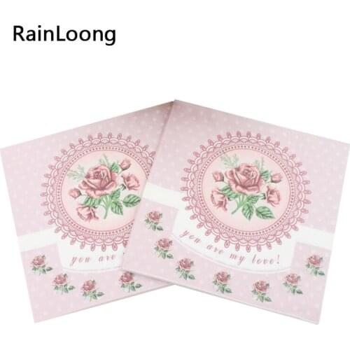 [RainLoong] 33cm*33cm Pink Rose Paper Napkins Festive & Party Tissue Dinner Serviette Guardanapo 2 layers 1 pack (20pcs/pack)