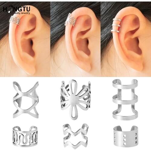 1PC 2020 New Clip on Earrings Stainless Steel Ear Cuffs for Women Hollow Esthetic Fake Piercing Earring Non Piercing Wrap Cuff
