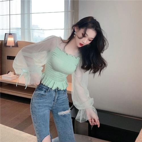 Patchwork Mesh Top Slim Fit Waist Trimming Short Knitwear Womens Clothing Woman Sweaters Femme Chandails Pull Hiver