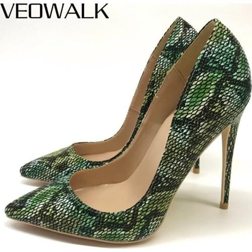 Veowalk Floral Green Women Snakeskin Embossed Pointy Toe Stiletto Pumps Sexy Ladies Party Dress Shoes 8cm 10cm 12cm High Heels