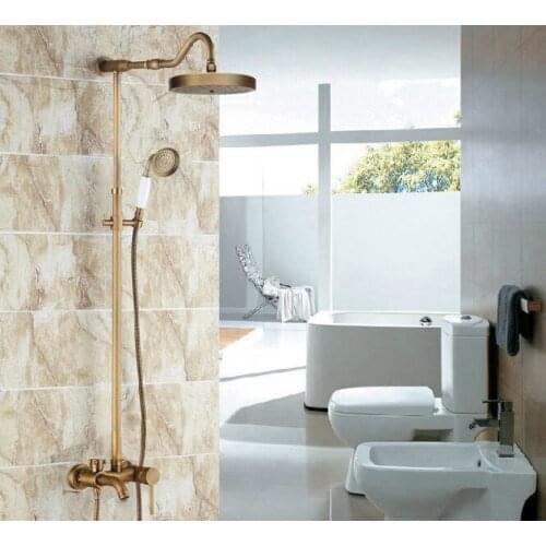 Vintage Retro Antique Brass Single Handle Lever Bathroom 8 Inch Round Rain Shower Faucet Set Tub Mixer Tap Hand Shower mrs228