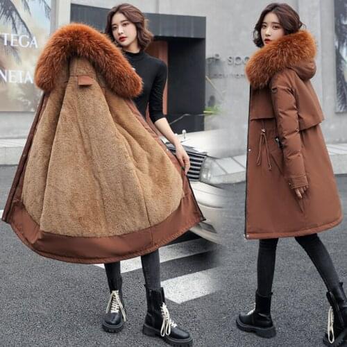 Ladies Velvet Liner Thicken Hooded Parka Women Slim With Big Fur Collar Outerwear Autumn Winter Jacket Women Coat Parkas Female