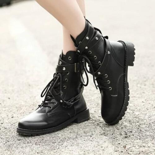 2020 Motorcycle Boots Ladies Vintage Combat Autumn Boots Army Punk Goth women boots Women Biker PU Leather Short Boots
