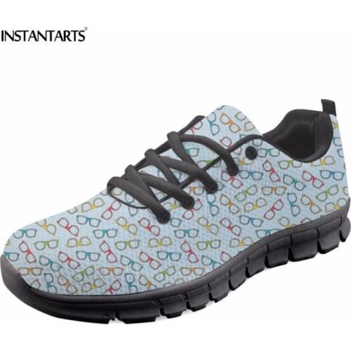 INSTANTARTS Fashion Casual Sneakers for Women Cute Cartoon Eyeglasses Pattern Breathable Lace Up Flats Zapatos Youth Girl Shoes