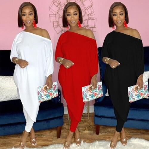 2021 Autumn Women Slash Neck 2PCS Long Sleeves Irregular Tops + Skinny Pants Lady S-2XL Comfortable Outfits High Street Wear