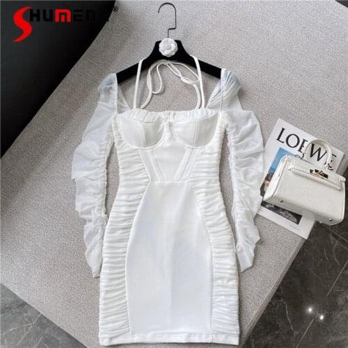 2021 Autumn New Solid Color Sweet Sexy Halter Strapless Dress Ladies Fashion Mesh Long Sleeve Skinny Sheath Dress for Women