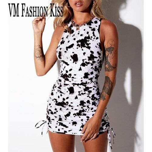 Sleeveless Cow Pattern Sexy Dress Drawstring Decoration Summer Clothes For Women Party Printing Package Hip Dress Vestido 2021