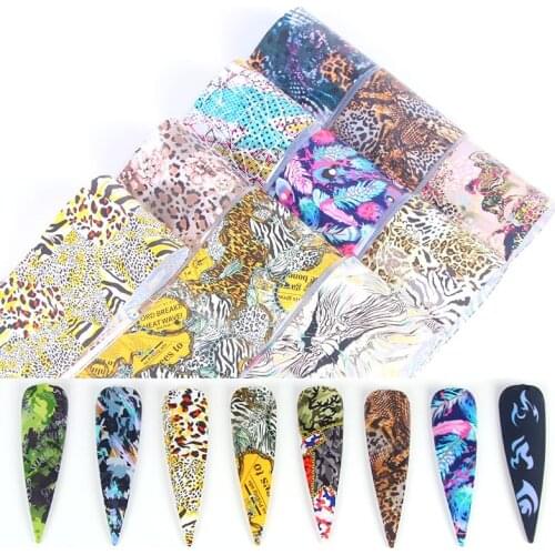 10 Pcs Leopard Graffiti Nail Art Star Sticker Foils Tropical Leaves Colorful Decals Transfer Decorations Sets DIY nails designs