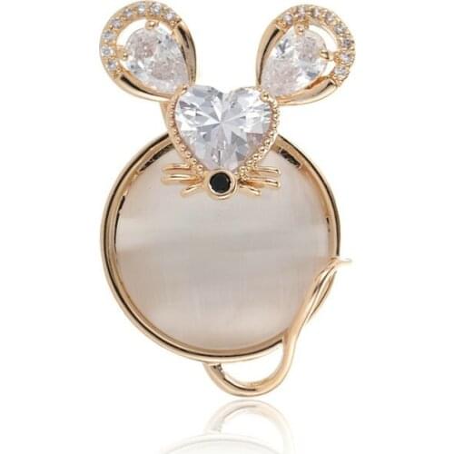 OI Luxury Cubic Zircon Mouse Brooches Gold Color Copper Opal Animal Brooch Hijab Pin Suit Collar Clip Badge Christmas Gifts