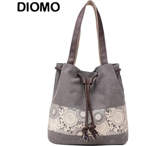 DIOMO New Arrival Women Floral Canvas Shoulder Bag Drawstring Printing Folk Style Lightweight Casual Shopping Bags
