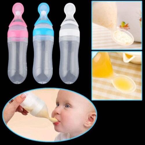 FOCUSNORM Baby Silicone Squeeze Feeding Bottle With Spoon Food Rice Cereal Feeder 90ML AU