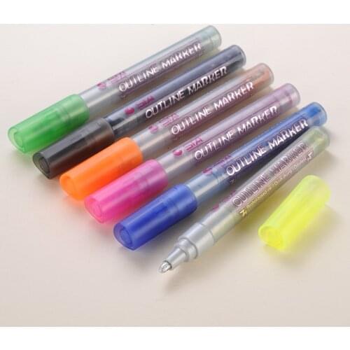 6 Colors Metallic Outline Marker Pens Alcohol Acrylic Dazzle Marker Pen for Graffiti Travel Journal DIY Album Poster Gift Card