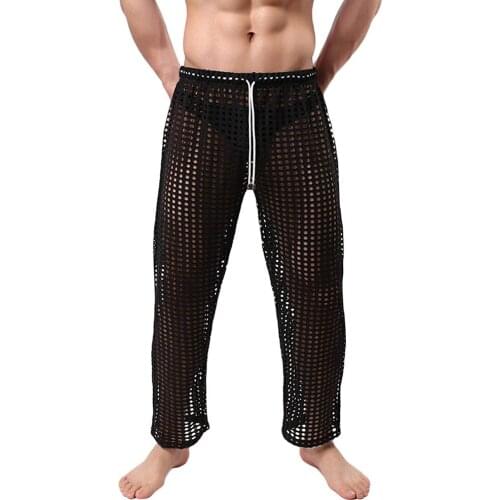 Mens Sleep Bottoms Long Pants Sexy Sleepwear Pajamas Lounge Clothing Mesh See Through Hollow Openwork Drawstring Loose Homewear