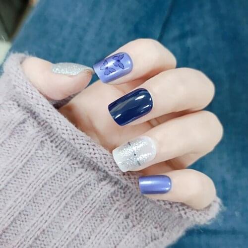 24pcs Press On Nails Designs Purple Butterfly Glitter Wear Short Paragraph Fashion False Nails Save Time Wearable Nail Patch DL