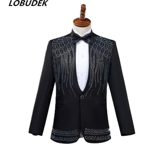 Jacket+Pants) Formal male suits Flashing Crystals Black White Slim Blazers Host singer dancer Master Prom Party Stage costumes