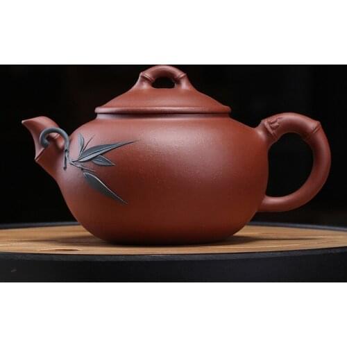Ore, clean cement, imitation of ancient bamboo, hand-made pasting of bamboo leaves, all hand-made teapot, Zisha teapot