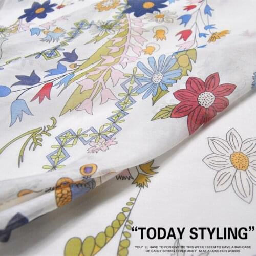 LEO&LIN White Background Flower Large Wide Silk Cotton Silk Clothing Cloth Fabric DIY Textile Tissue