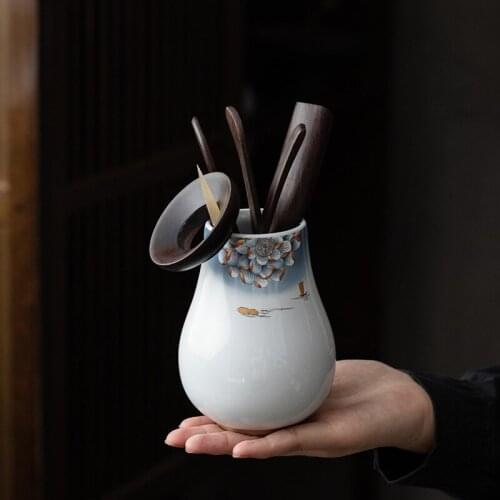 Tea Ceremony Six Items Handmade Chinese Ceramic Kung Fu Round Lotus Tea Container Tea Ceremony Utensil Shovel Spoon Wood Scoop