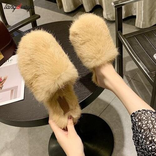 Warm Home Slippers Fluffy Women Shoes Winter Comfort Furry Flat Heel Female Cute Indoor Slippers For Woman Flip Flops