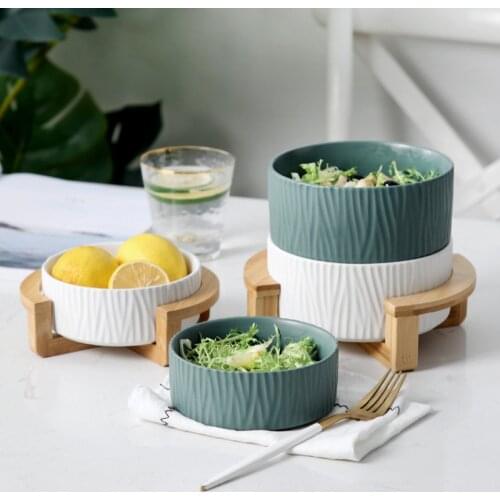 Creative Stackable Ceramic Fruits Bowl Porcelain Food Salad Dessert Bowl With Wooden holder Tableware Kitchen Container Storage