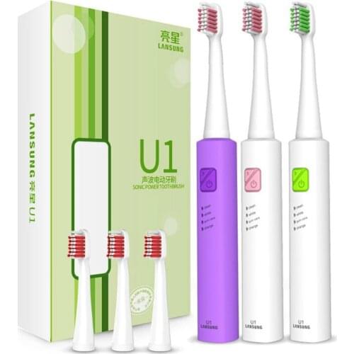 LANSUNG Ultrasonic Sonic Electric Toothbrush USB Charge Rechargeable Tooth Brushes With 4 Pcs Replacement Heads Timer Brush
