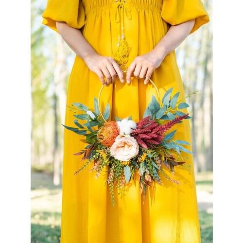 SESTHFAR Vintage Hoop Wedding Bouquet Portable Garland Bride Bridesmaid Team Flower Artificial Bridal floral Bouquet