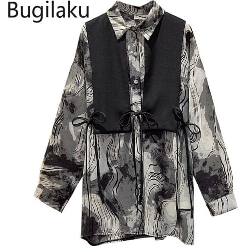 Bugilaku High Street Vintage Blouse Women Turn Down Collar Long Sleeve Loose Retro Shirts Single Breasted Casual Ladies Tops