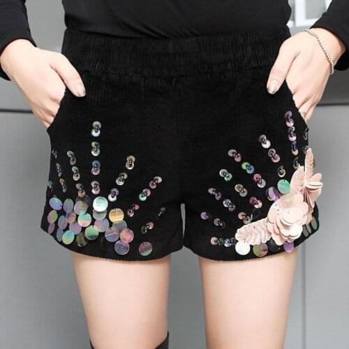 Fall Spring Fashion Women Embroidery Beading Glitter Black Corduroy Shorts , Winter Autumn Female Woman Wide Leg Sequins Shorts