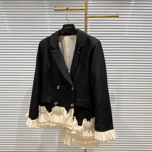 2021 Spring Women Clothing Black Blazer New Hem Mesh Lace Stitching Irregular Dark Stripes Hit Color Casual Suit Jacket