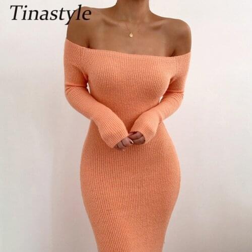 Tinastyle Off Shoulder Strapless Sexy Sweater Dress Women Long Sleeve Bodycon Bandage Winter Dress Basic Casual Party Clubwear