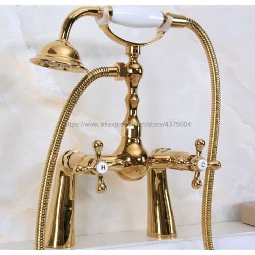 Golden Deck Mounted Bathroom Faucet Bath Tub Mixer Tap With Double Cross Handles Hand Shower Head Shower Faucet Sets Nna147