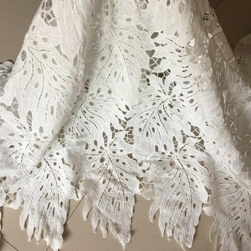 1yards White Leaves African Laces Fabrics Embroidered Nigerian Guipure French Cord Lace Fabric For Sewing Women Wedding Dress