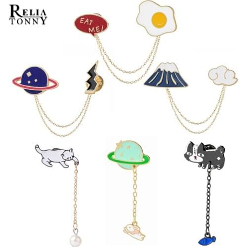 Brooches With Chain Egg Rabbit Planet Cat Animal Metal Pins Women Badge Jackets Hat Lapel Pin Jewelry Man Accessories Child Gift