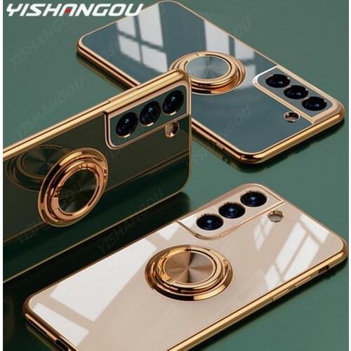 Magnetic Kickstand Shockproof TPU Cover for Samsung S21 S20 FE Note 20 Ultra 10 Plus A51 A71 A32 A42 5G Plating Soft Ring Holder