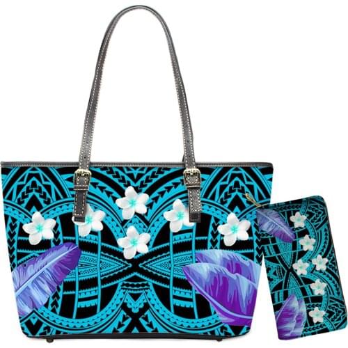 Hawaii Handbags Set For Women Polynesian Ladies Large Shoulder Bag And Purse Polynesian Plumeria Casual Luxury Leather Handbags