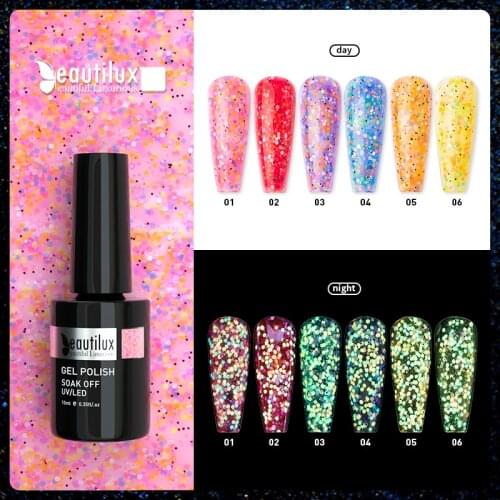 Beautilux Firefly Nail Gel Polish Luminous Glow in Dark Flourscent UV LED Semi Permanent Sequins Nails Gel Laquer Varnish 10ml