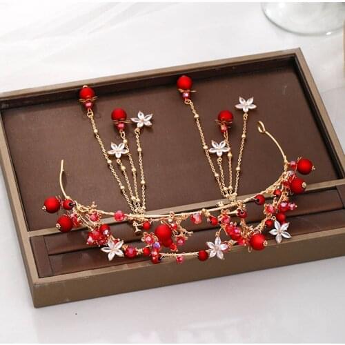 Red Bridal Headband Handmade Toast Dress Headband Earrings Set Headwear LB