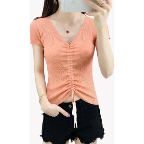 Summer Short-sleeved T-shirt Women Clothing New Solid color Sexy V-neck Drawstring Ice Silk Knitted Female T-shirt Casual Tops