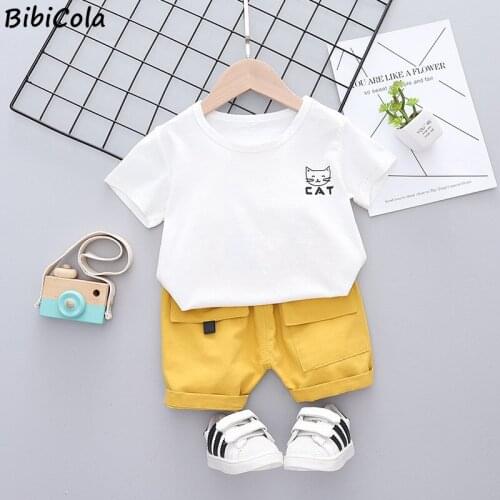 Baby Boys Summer Short Outfit Cute Kitten Print Short Sleeve + Solid Color Shorts 2PC Suits For Toddler Kid Boys Clothes 1-5Year