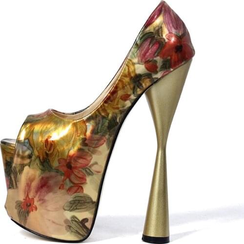 Mclubgirl 19CM 2020 Women High Heel Shoes Thick With Waterproof Platform Fish Mouth Patent Leather Printing 43 Womens Shoes MJL