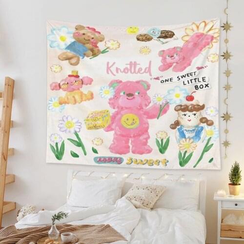 Cute Decoration Tapestry Korean Ins Style Lovely Oil Painting Bear Cake Big Polyester Tapestry Wall Hanging Home Dorm Decor