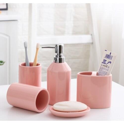 Pink Ceramic Bathroom Toiletry Set-Pure Color Bathroom Five-piece Set-Household Accessories Set-Press Bottle-Bathroom Kit Suppli