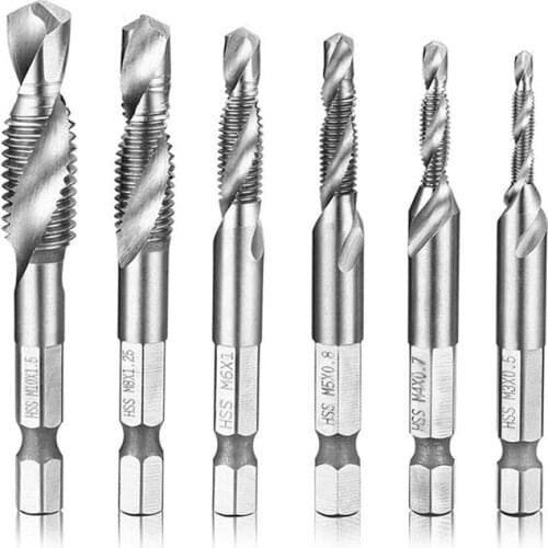 6Pcs Metric Drill Tap Set Hex Shank Combination Drill And Tap Bit Set HSS Screw Tap Deburr Drill Bits M3-M10